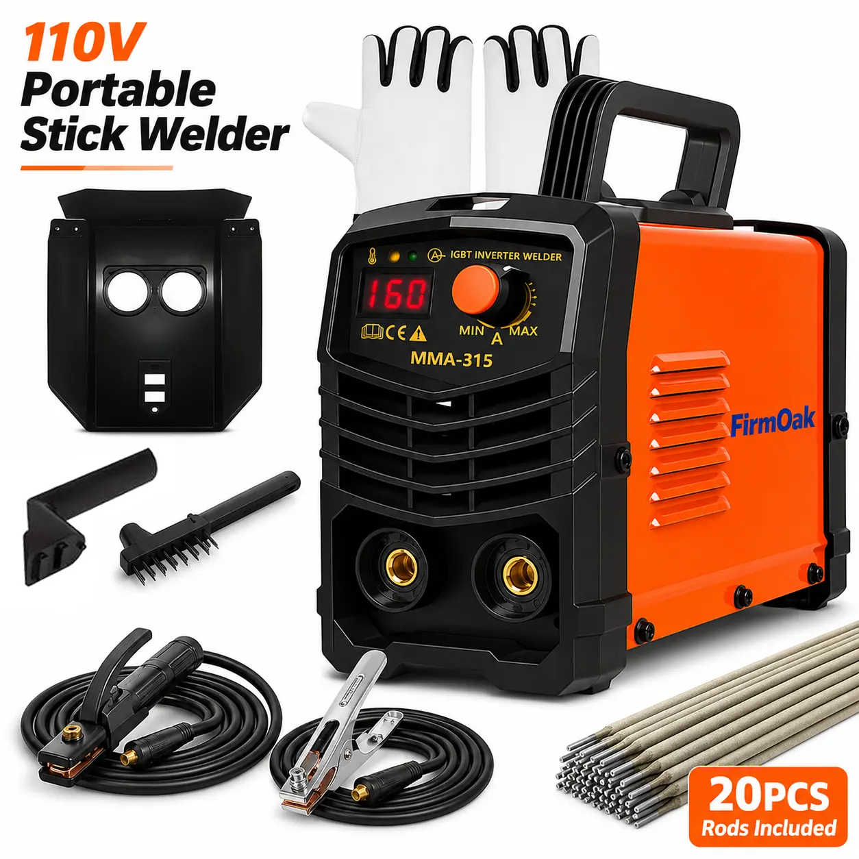 FirmOak 110V Input Handheld Inverter Mini Stick Welder Kit, Beginner-Friendly MMA ARC Welder with Digital Display, Hot Start, Anti-Stick for Home Repair, DIY, Fence Repairs and Brackets, Handheld Stick Welder