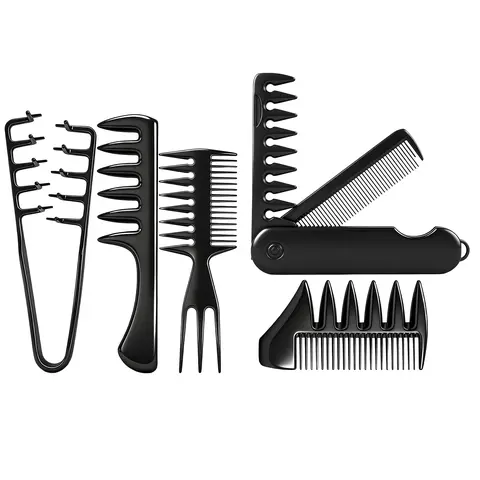 DUAIU Men's 5-in-1 Textured Hair Styling Comb Set - Salon-Quality Barbershop Tool Kit, Wide Tooth, Rat Tail, Dual-Side Combs, Detangler Attachment, Folding Heat-Free Styler, All-Hair Friendly Haircare Accessory