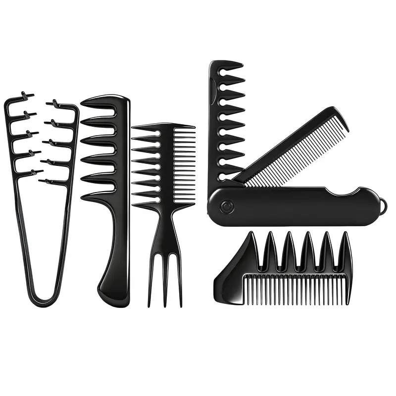 DUAIU Men's 5-in-1 Textured Hair Styling Comb Set - Salon-Quality Barbershop Tool Kit with Wide Tooth, Rat Tail, Dual-Side Combs, Detangler Attachment, Folding Heat-Free Styler, All-Hair Friendly Haircare Accessory for Smooth Straight, Curly, Wavy Results