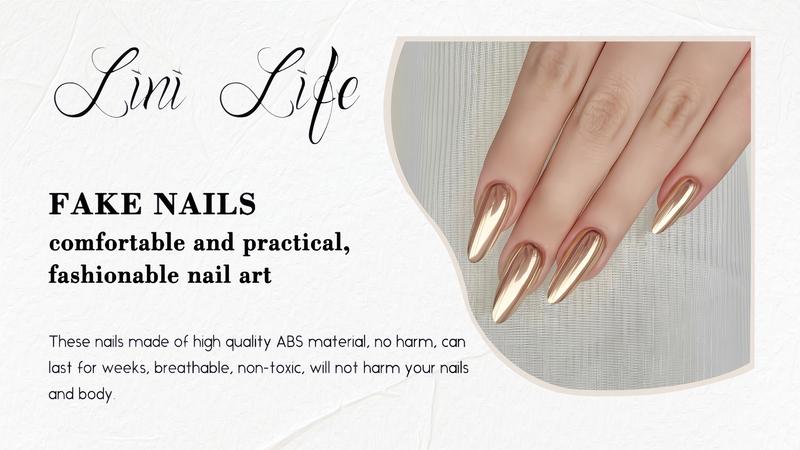 Fashion Solid Color Press-on Nails, Almond Shape • White, Pollen Ice Translucent, Mirror Gold, Rose Gold • Simple & High-end Look, 24pcs