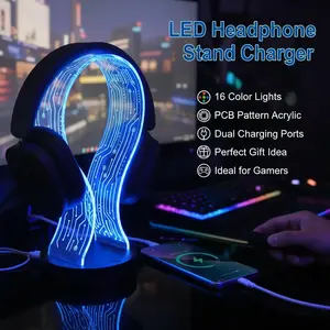 Light Up Headphone Stand with 16 Color Lights & PCB Pattern – Acrylic Headset Stand with USB & Type-C Charging Ports – Perfect Birthday, Valentine’s Day & Christmas Gifts for Gamers, Men & Music Lovers