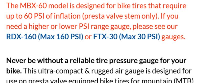MBX-60 Presta Tire Pressure Gauge for Bikes (Max 60 PSI) | MTB & XC Series MBX-60 Presta Tire Pressure Gauge for Bikes (Max 60 PSI) | MTB & XC Series