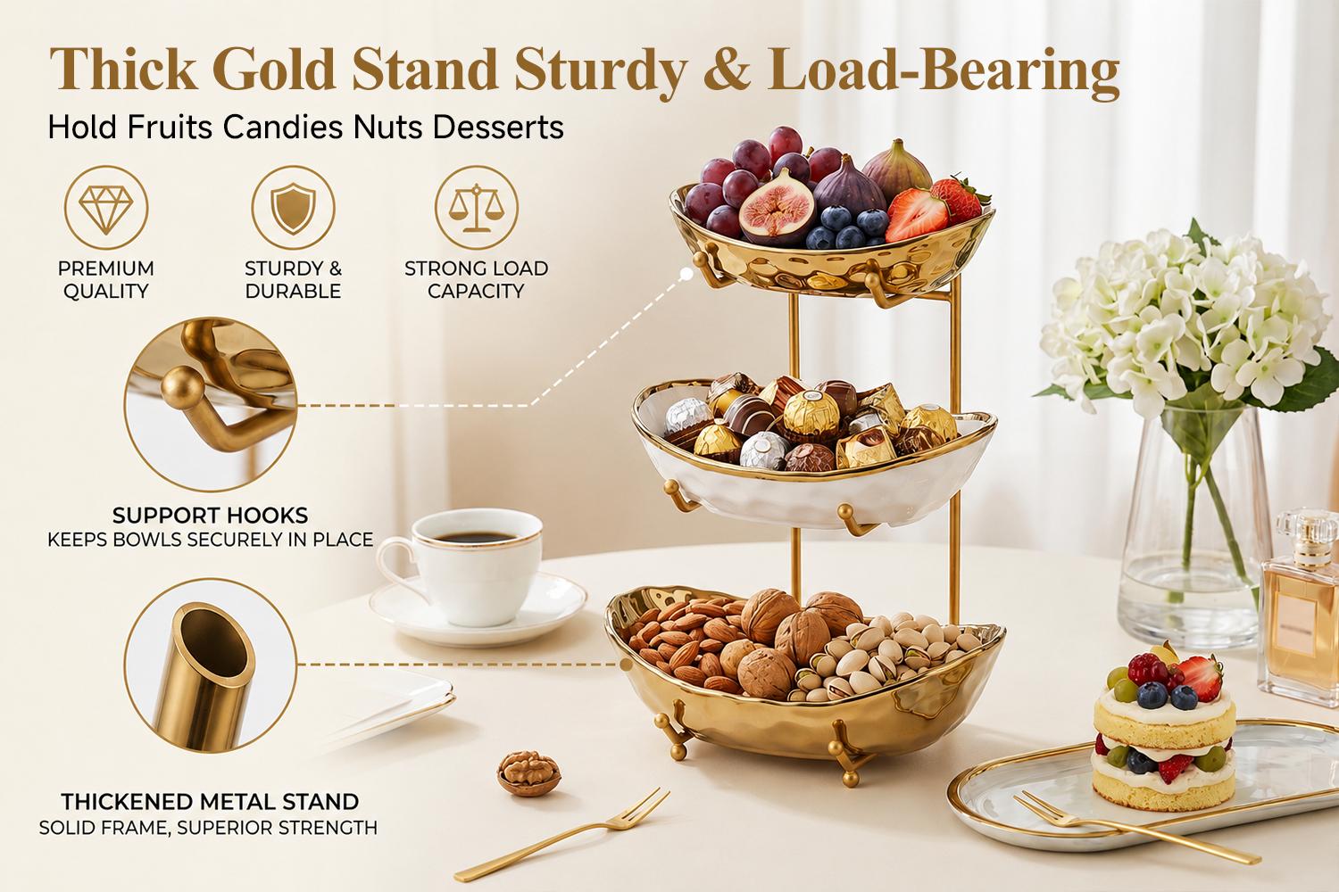 3-Tier Ceramic Fruit Bowl with Gold Metal Stand & 3 Gold Fruit Forks, Modern Kitchen Counter Fruit Basket & Countertop Organizer for Fruit, Snacks, Desserts, Bread & Vegetables