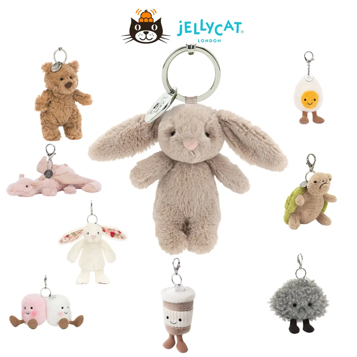 Jellycat Collectible Keychain - Cute Animal or Food Stuffed Charm, Hanging Pendant for Car, Backpack Fashion Gift Accessory