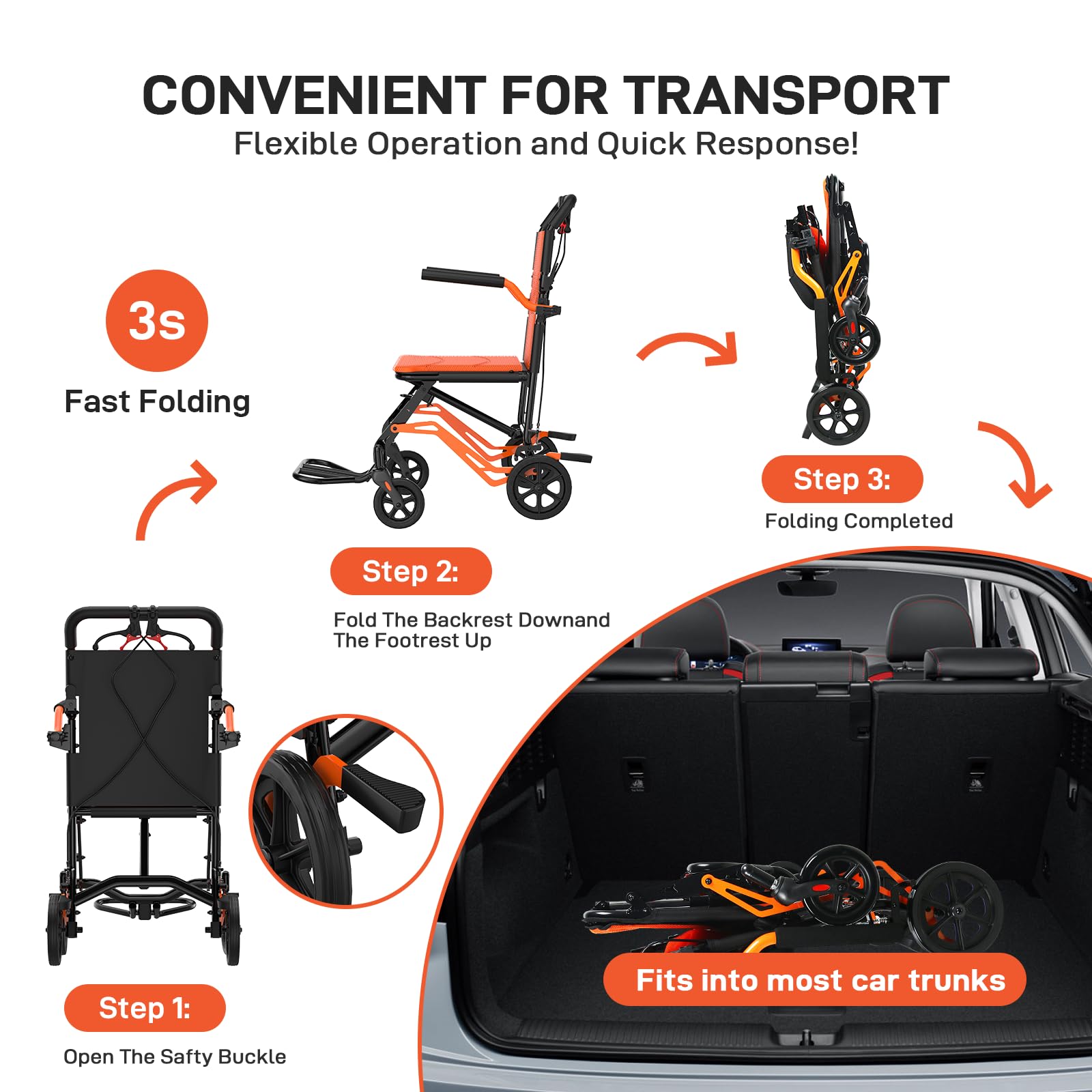 【GARVEE】Portable Lightweight Folding Transport Chair with Locking Handbrake, Removable Flip Armrests, Aluminum Alloy Frame, Swinging Footrests, Supports 220 lbs, Ideal for Indoor & Outdoor Use