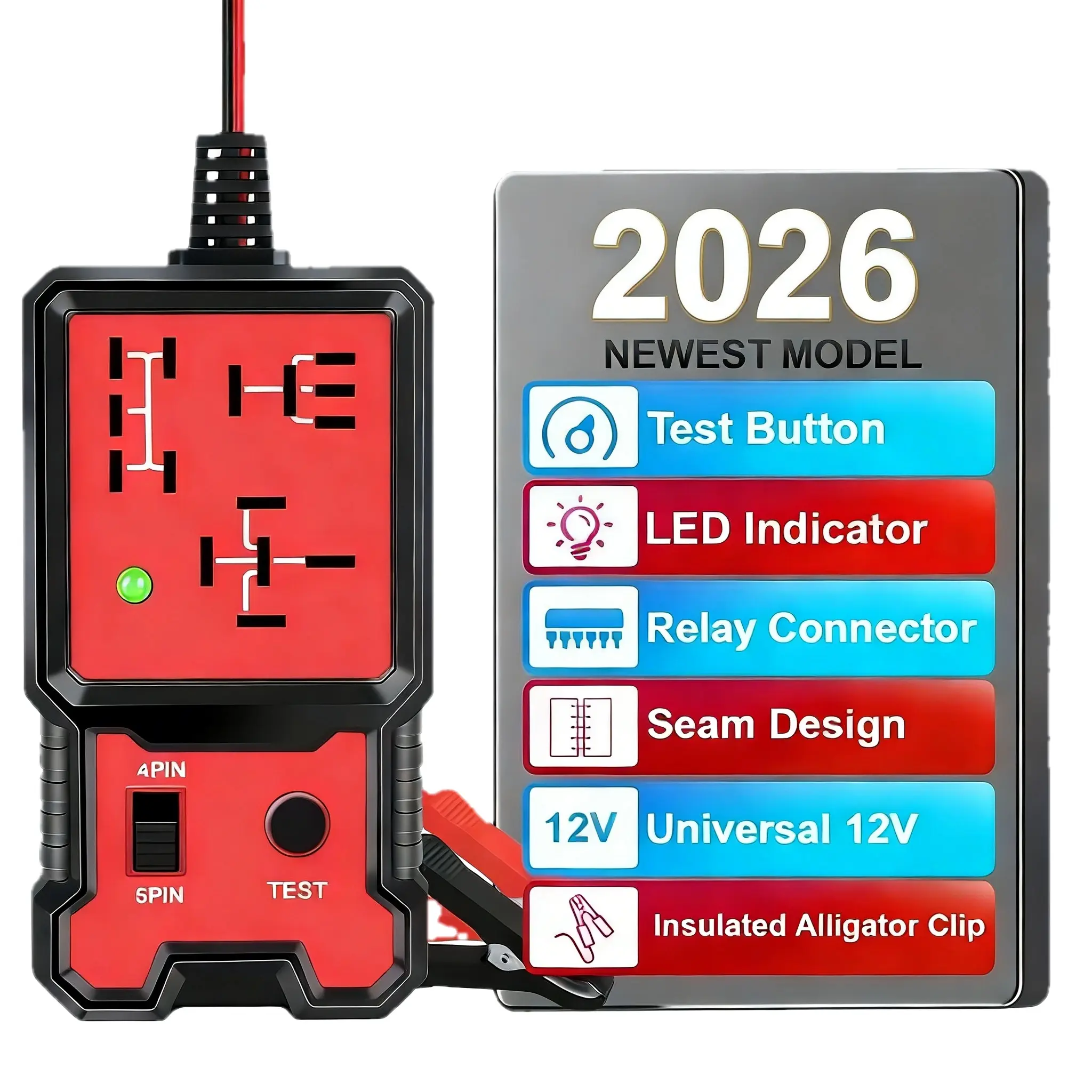 2026 Universal Car Relay Tester - 12V Automotive Circuit Tester Repair Tool, ABS Case for 4 & 5 Pin Relays, Plug-and-Play Quick Test/Fault Detection, LED Indicator, Red Black Design