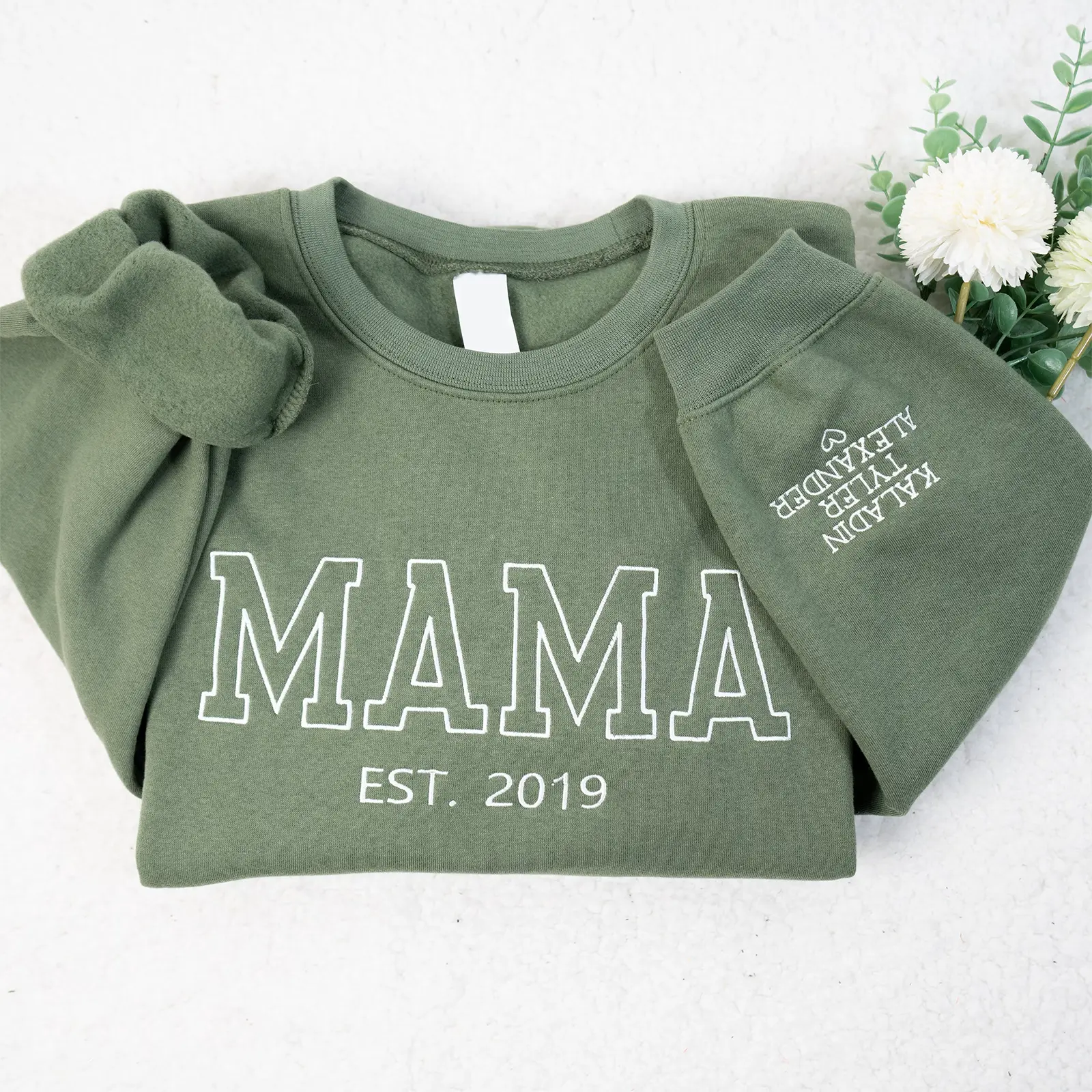 Custom Embroidered Mama Sweatshirt with Date and Kids Names on Sleeve, EST Year Embroidered, Personalized Gift for Mom, Cozy Crewneck for Her