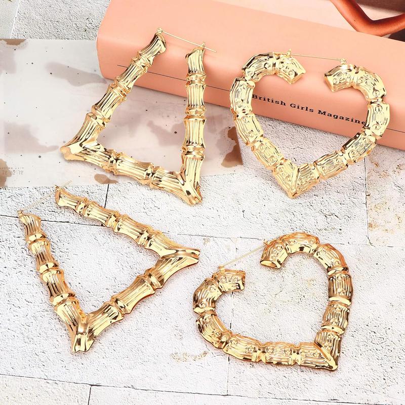 Jstyle 4 Pairs Bamboo Hoop Earrings for Women Large Heart Square Geometric Earrings Oversized Bamboo Hoop Earrings Set Hip-Pop Jewelry Fashion Party Costume Accessory Daily