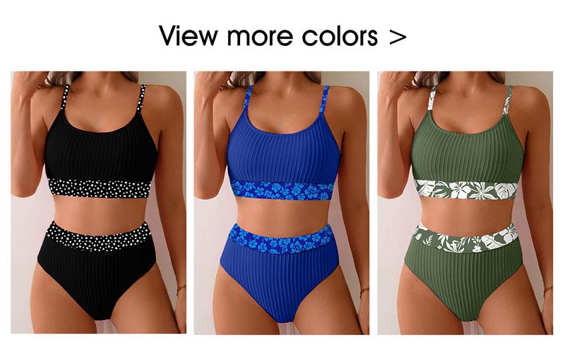 Aleumdr Women's Ribbed Textured High Waisted Bikini Set Floral Trim Two Piece Swimsuit with Adjustable Straps Stretchy Jacquard Fabric Tummy Control Swimwear for Beach Pool and Vacation