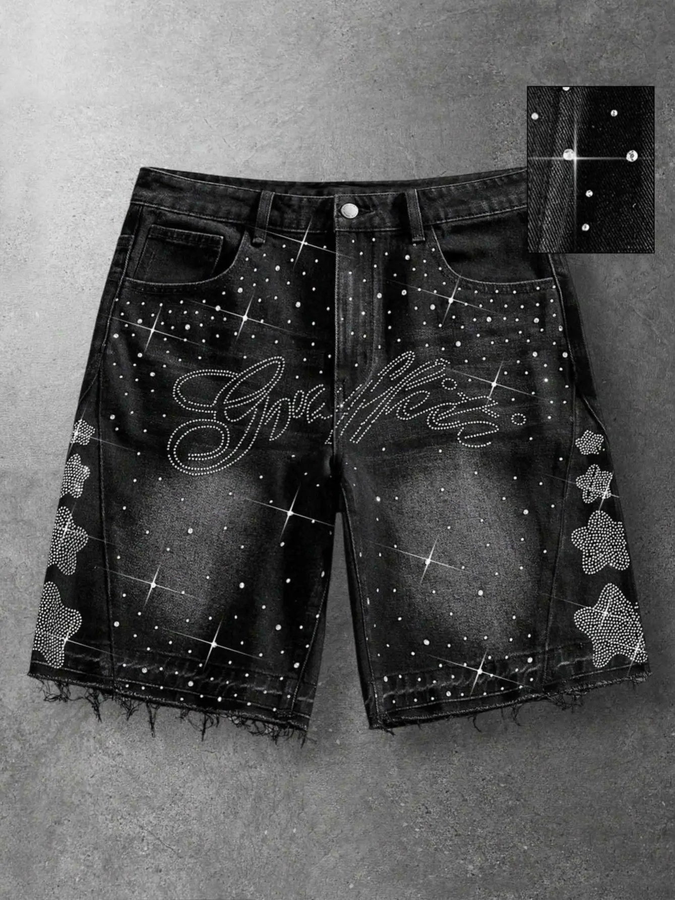 Men's Black Bedazzled Rhinestone Letter Print Y2K Street Style Denim Shorts Menswear Vintage Washed Raw Hem 5 Point Casual Summer Hip Hop Jorts