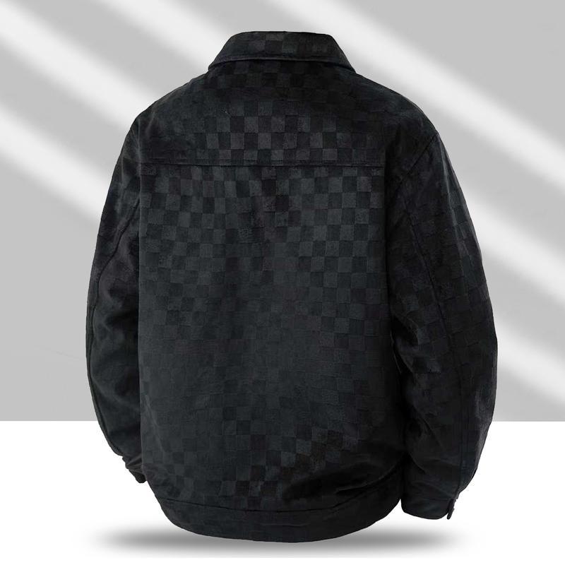 Men's Black Patterned Suede Wool Jacket with Front Flap Pockets and Button Closure, Suitable for Autumn Wear - Fashionable and Practical Top - Aesthetic - Fashion men outfits SpringStatements