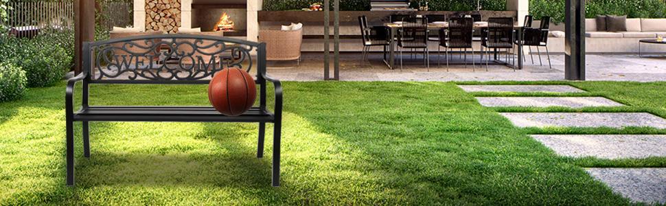 VINGLI Outdoor Metal Garden Bench with PVC Back Pattern, Black Steel Welcome Bench for Patio, Porch, Deck, Yard, Lawn Decor Entryway