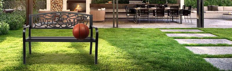 VINGLI Outdoor Metal Garden Bench with PVC Back Pattern, Black Steel Welcome Bench for Patio, Porch, Deck, Yard, Lawn Decor Entryway