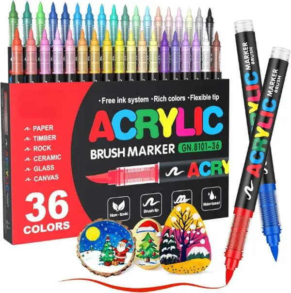 36 Colors Brush Tip Acrylic Paint Marker Pens With Waterproof Long Lasting Ink, Multipurpose Art Craft Markers Suitable For Rock Canvas Fabric Wood Paper Glass Stone And Coloring Book, Portable Diy Drawing Art Supply Craft Enthusiasts，Brush Tip Marker