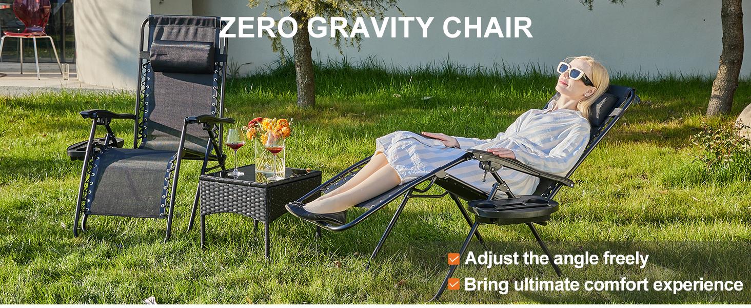 SweetFurniture Set of 2 Zero Gravity Chairs with Cup Holder Trays, Camping Patio Outdoor Folding Lounge Chairs with Adjustable Pillow for Poolside
