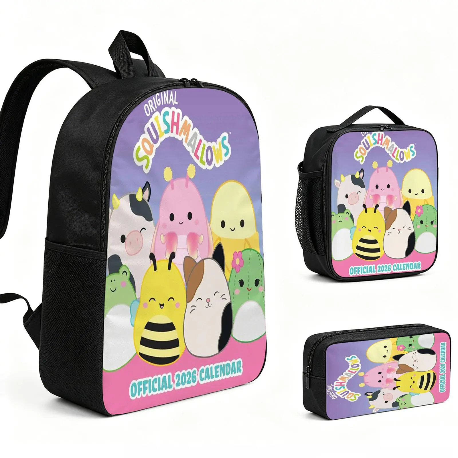Squishmallows 3pcs Backpack Set - All Over Vibrant Print, Adjustable Shoulder Strap, Durable School Bookbag with Insulated Lunch Tote & Pencil Bag, Casual Holiday/Birthday Gift for Teens L-162, All Over Print, Comfy & Organized