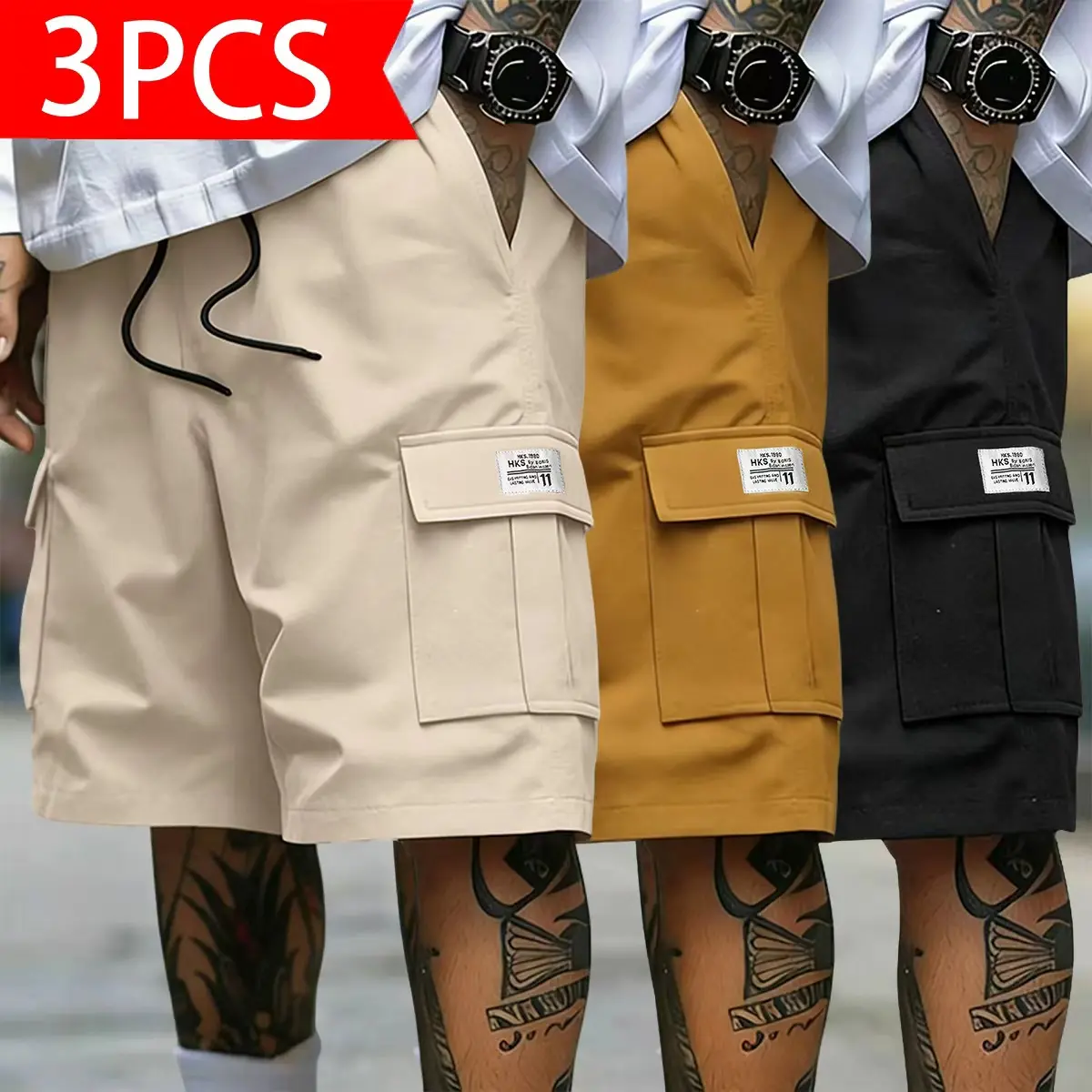 Men’s summer classic label patch cargo shorts, loose fit streetwear shorts