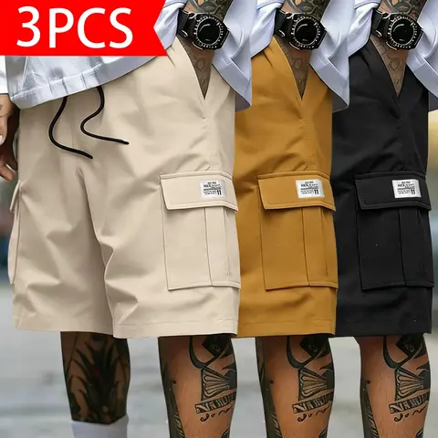 Men’s summer classic label patch cargo shorts, loose fit streetwear shorts