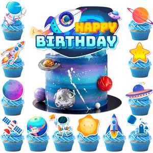Space Cake Topper, 25 Pcs Space Cake Decorations - 1 Space Theme Cake Topper + 24 Space Cupcake Toppers, Astronaut Rocket Cake Topper & Planet Cake Toppers etc Outer Space Party Decorations Supplies