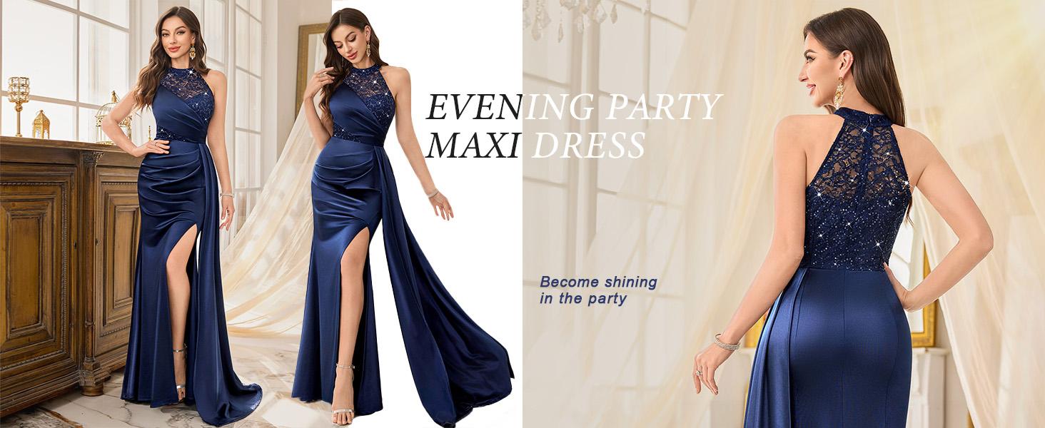 Miusol 55630A Women's Elegant Halter Sequin Lace Satin Maxi Dress with High Split Ruched Style for Evening Parties & Special Occasions Women's Formal Party Dress SpringStatements