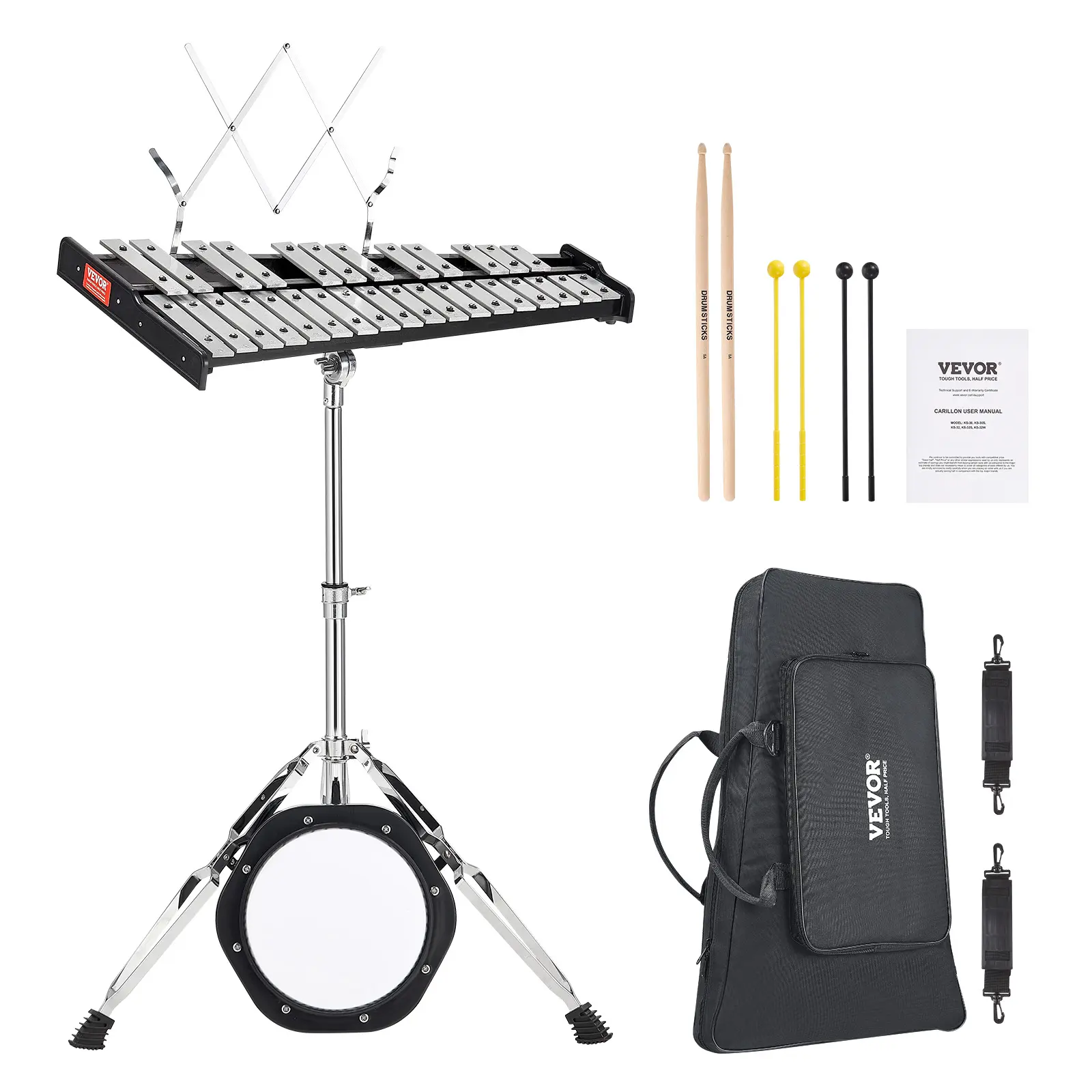 VEVOR 30 Note Glockenspiel Xylophone Bell Kit,  Professional Percussion Instrument Set with Mallets, Drum Sticks, Music Stand,  8" Practice Pad, Adjustable Stand and Carrying Bag for Students & Adults