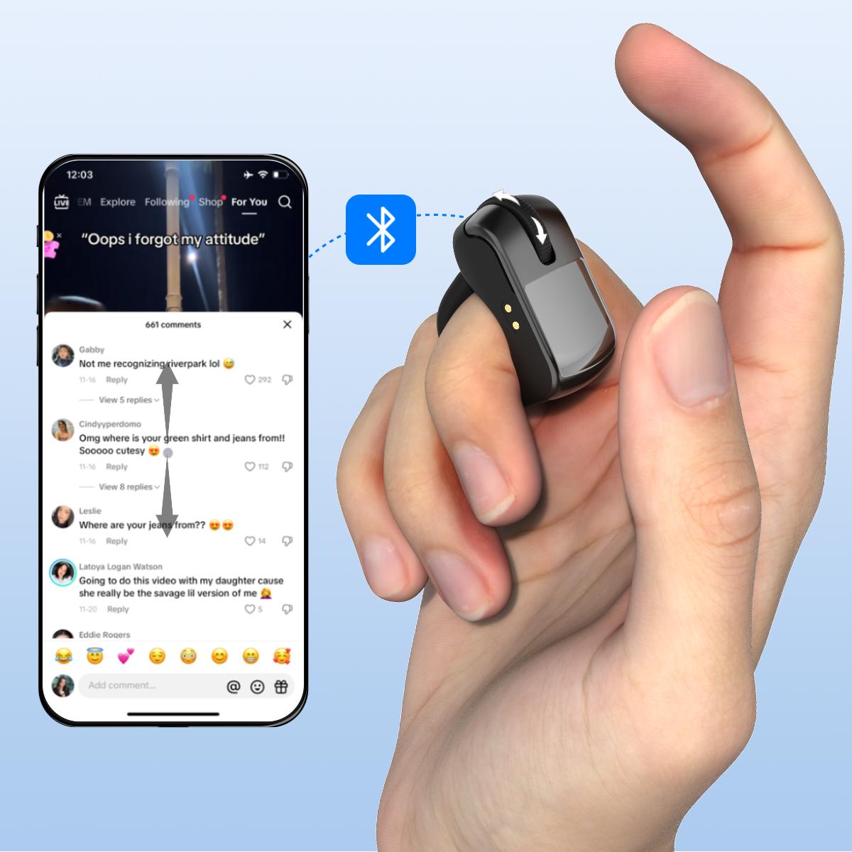Bluetooth+2.4G Remote Control Scrolling Finger Ring Air Mouse with Touchpad for TikTok, Wireless Clicker, Video Scroller, Page Turn for Kindle APP, Presenter Remote, Selfie, Rechargeable, Remote Mice for Android iOS & PC Laptop Mac Tablet Computer Black
