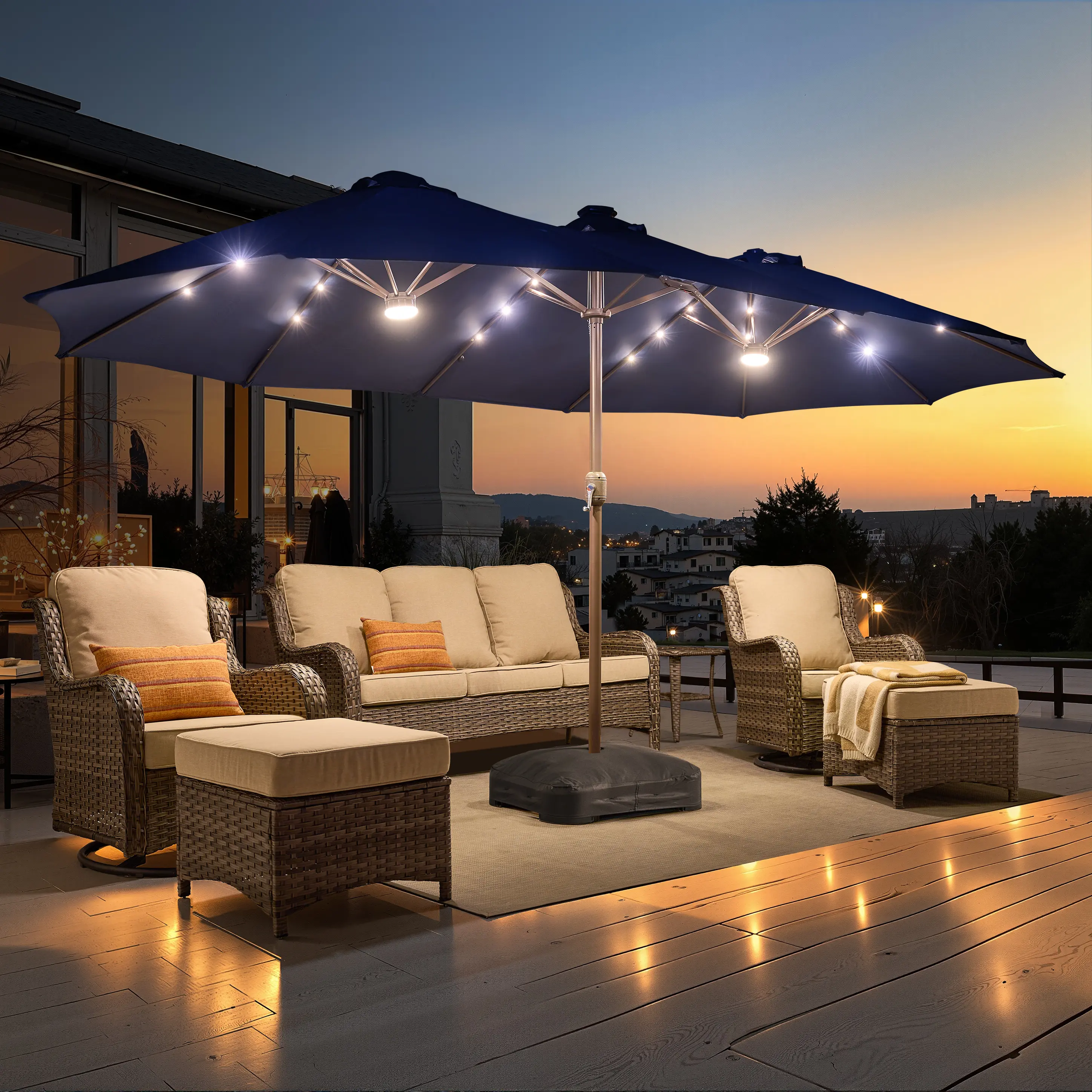 Navy Blue | Warm Lights Umbrella & Base