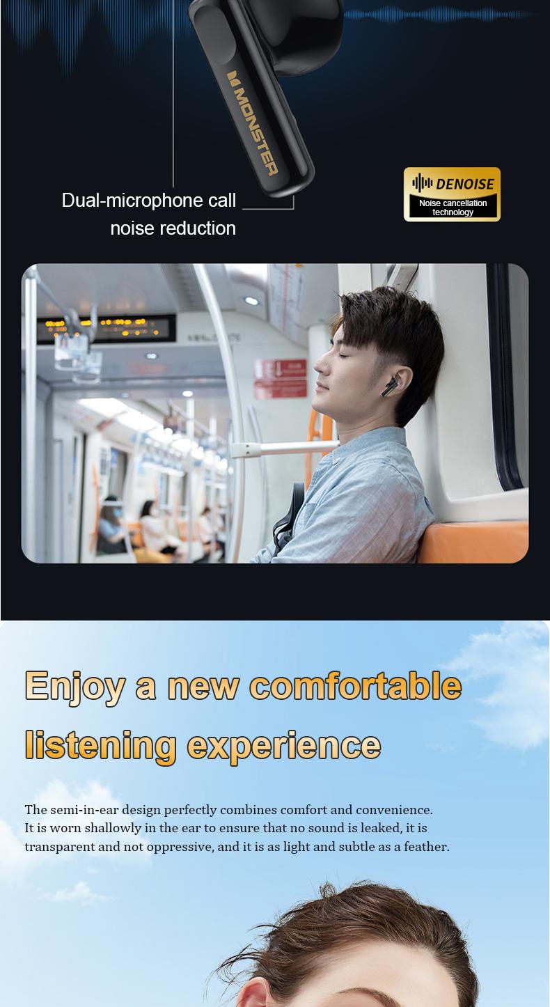 Monster Earbuds Real-Time, Voice-to-Text Recording, Baidu App Language Assistant, Noise-Cancelling Calls, Ultra-Light 0.13oz, Bluetooth 5.4 Headphones, 10-Min Quick Charge for 1-Hour Playback, Business Travel Learning, Gifts for Men & Women