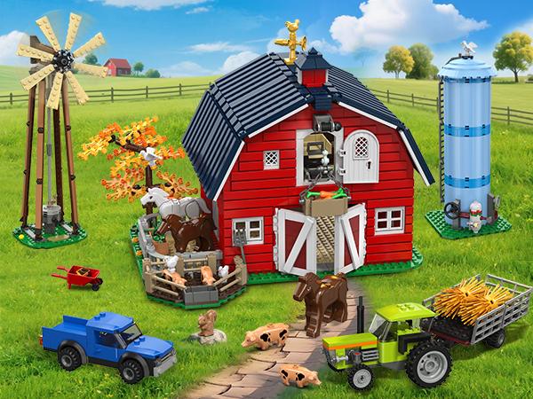 Farm Barn Building Set with LED, Western Farm House Building Block with Windmill Tractor Horse Animals 1405 PCS, Big Barn Construction Toy Brick Kit for Adults Teens Boys Girls 10-12+