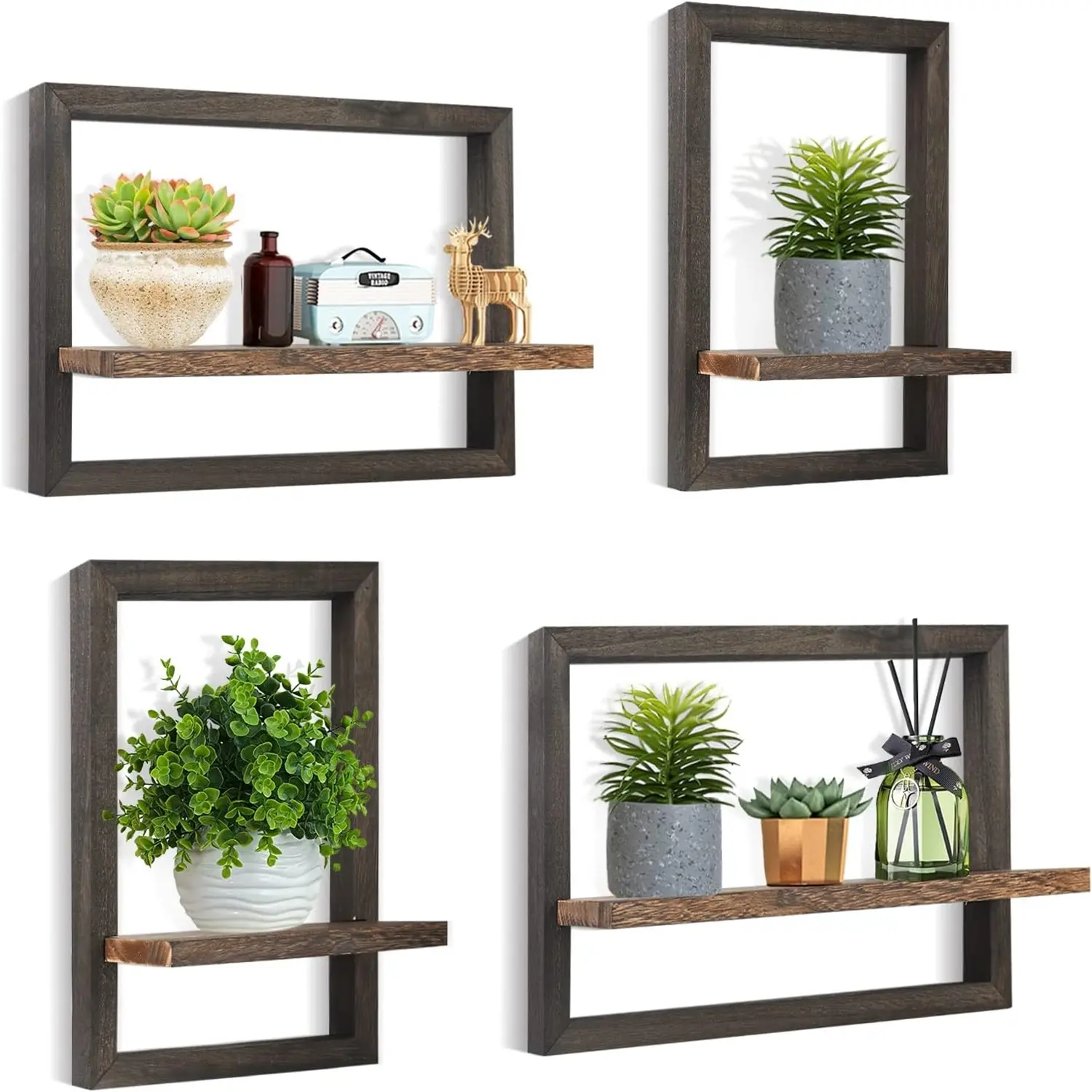 4-Piece Modular Wooden Square Wall-Mounted Cube Shelves - Hanging Floating Hanging Storage, Wall Decor, Aesthetic Room Decor for Small Spaces, Living Room Plants, Living Room Decor