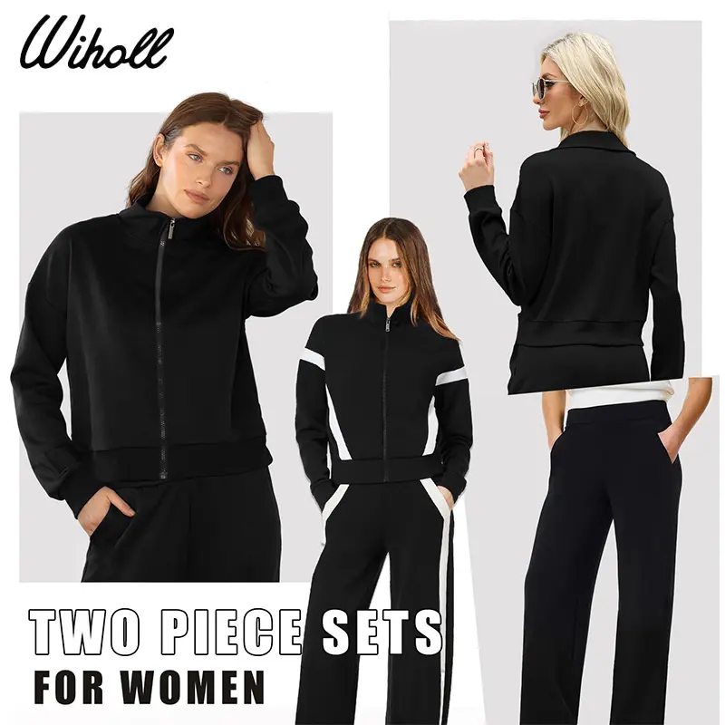 WIHOLL Women's 2 Piece Lounge Set, Tracksuit Style Outfit with a Zip-Up Stand Collar Jacket and Wide-Leg Stretch Sweatpants, Outfit Inspiration, Zip-Front Matching Pants & Top Sets, Phone Pocket, Zip Hoodie And Sweatpants Pants & Top Sets, Spandex Stretch
