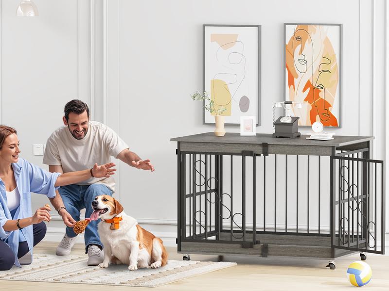 【TreasureFinds】COZPAW  Dog Crate Furniture 48 Inch Wooden Heavy Duty Dog Kennel with Lockable Wheels for Medium/Large Dogs, Three Doors Cage   (Brown)