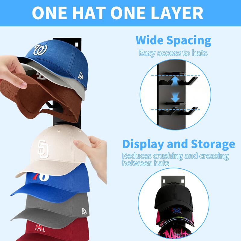 2  Hat Organizer for Baseball Caps, Hat Rack for Wall with Strong Adhesive Hold up to 18 Hats, Hat Hanger Strong Adhesive/Wall Drilled for Door,Bedroom,Closet