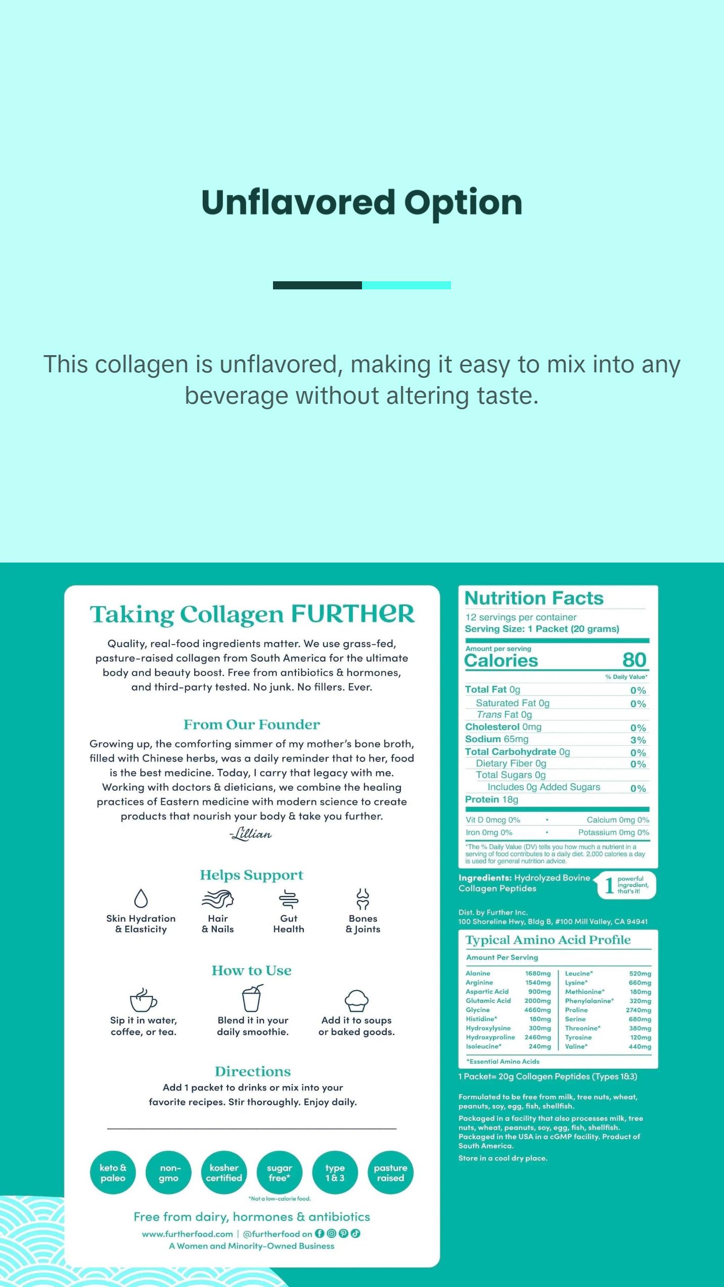 Further Food Grass-Fed Collagen Peptides 20g On-the-Go Packets Unflavored Supports Skin Joints Hair Nails Bones & Gut