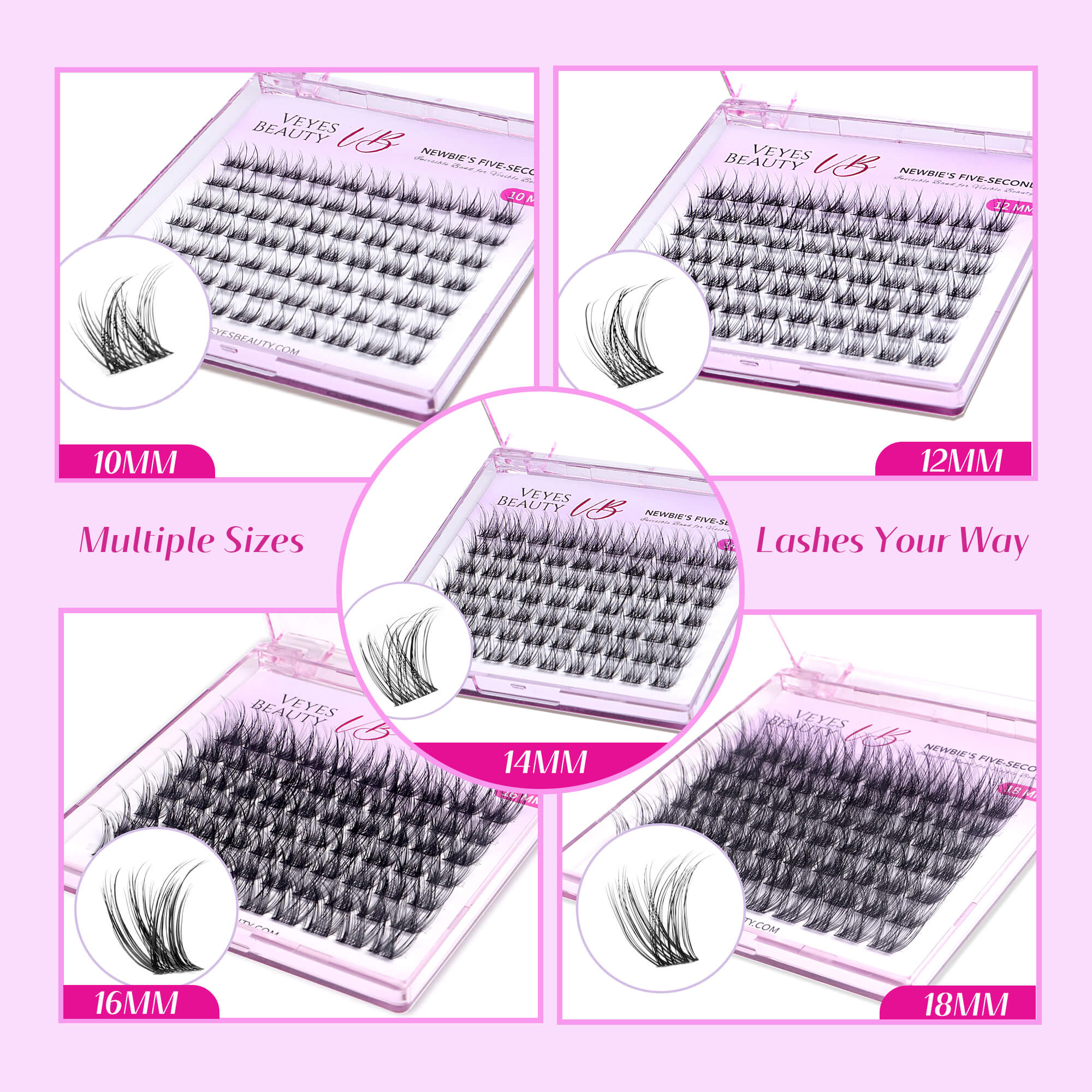 VEYESBEAUTY LuxeBold 10mm-18mm Cluster Lash Single Length Invisible Band Wispy Lightweight Softness Weightless Makeup Eyelash Extensions