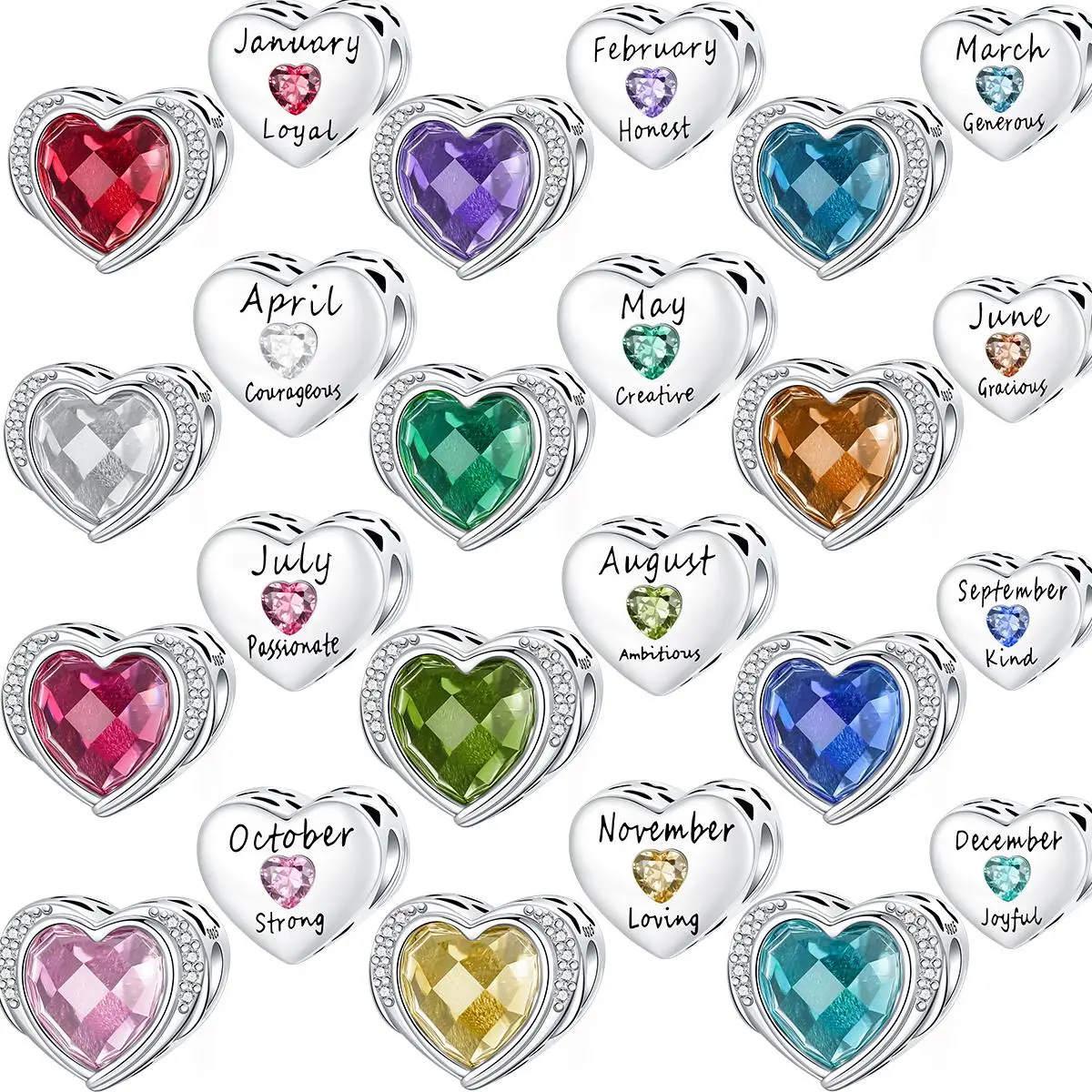 Women's 925 Silver-Plated Faceted Birthstone Heart Bead Charm, DIY Accessory for Necklaces & Bracelets, Ideal Birthday Gift