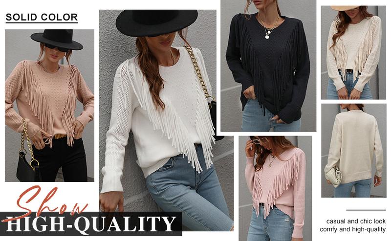 Women's Casual Crewneck Knitted Sweater | Fringe Tassel Detail Pullover Jumper - Perfect for Daily Outfits & Coffee Dates