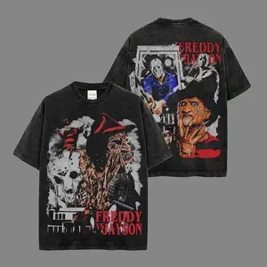 Evil Freddy Krueger vs. Jason Voorhees Premium Acid Wash 100% Cotton T-Shirt, A Nightmare on Elm Street Merch Friday The 13th Merch, 80s Horror T-shirt, Slasher Movie Apparel For Fans, Horror Movie Shirt, Horror Fan Gift