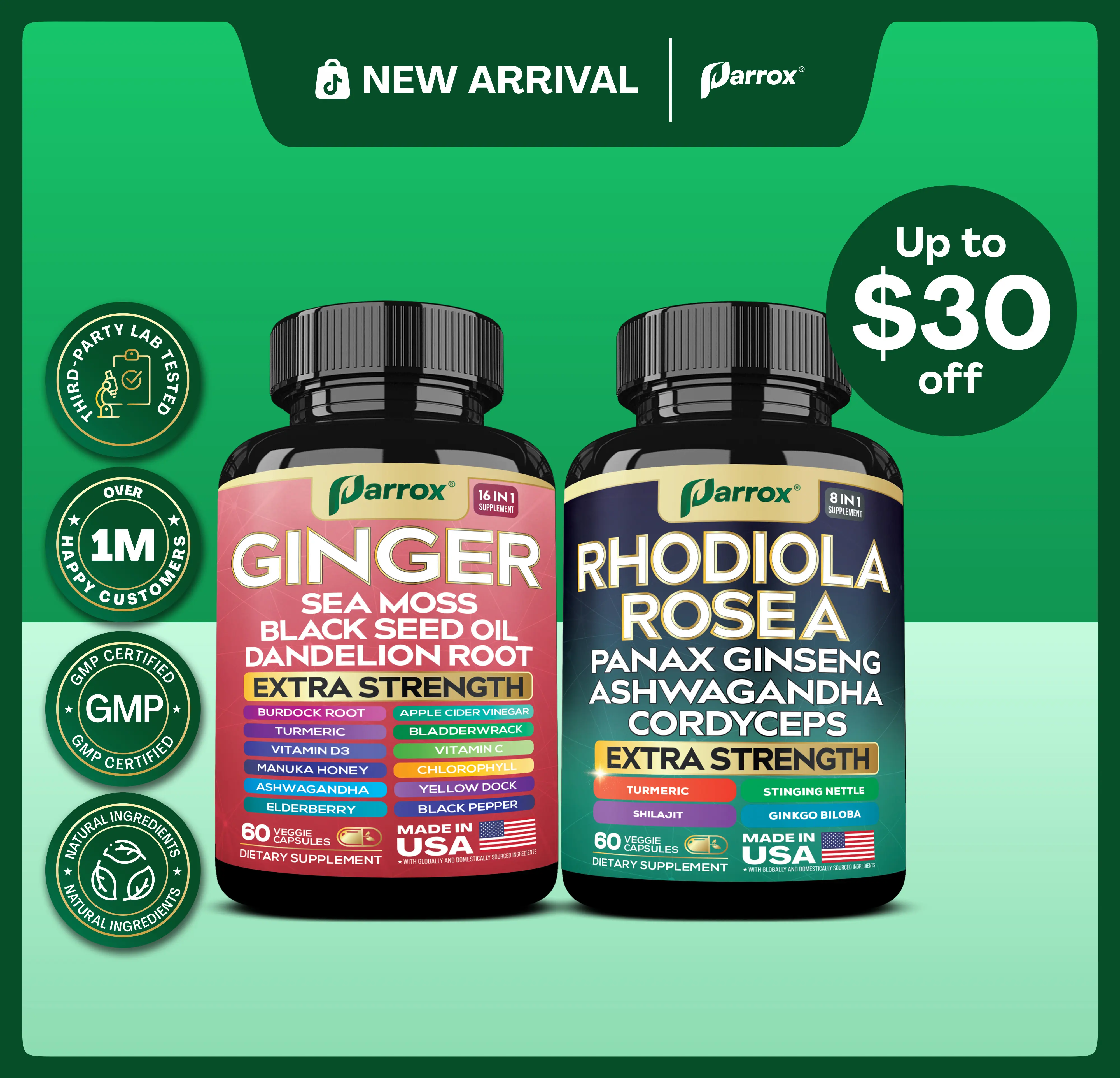 PARROX Health Boost Bundle - Ginger & Rhodiola Rosea Multivitamin Supplement - Gut Support, Energy, Mental Focus, & Overall Wellness - 60 Capsules - Made in USA