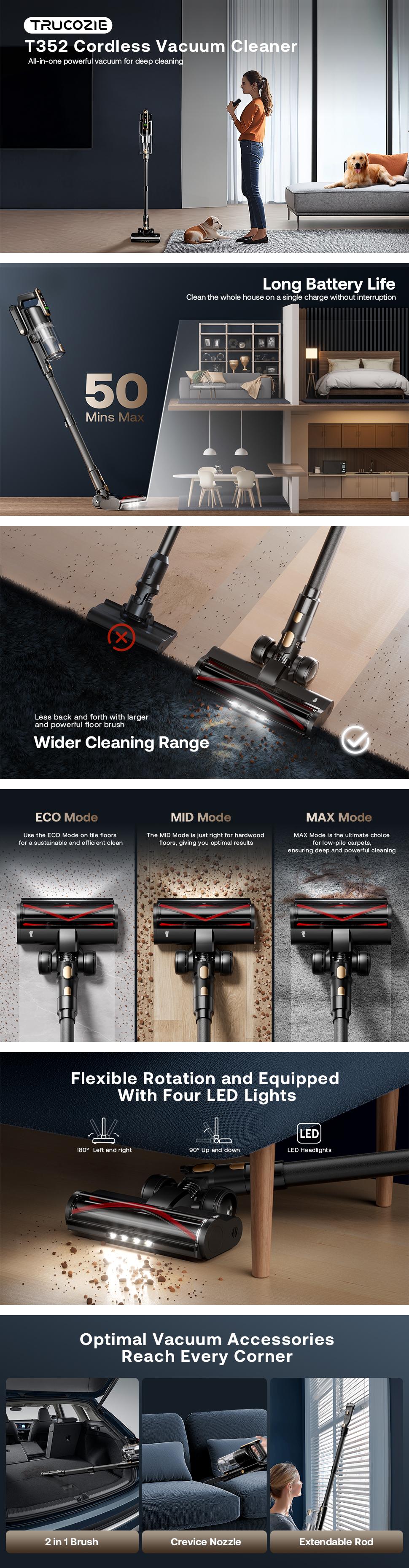 Trucozie Cordless Vacuum Cleaner-T352, 45Kpa 50 Mins Runtime Self-Standing Stick Vacuum Cleaners for Home, Powerful Suction, Lightweight, LED Touch Screen 8 in 1 Vacuum for Pet Hair, Carpet, Hardwood Floor