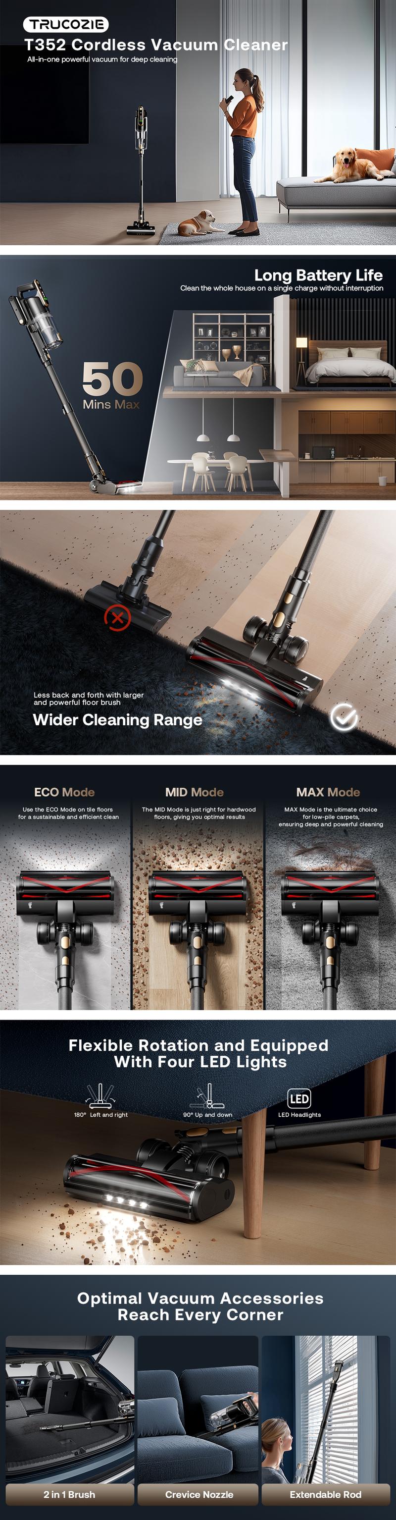 Trucozie Cordless Vacuum Cleaner-T352, 45Kpa 50 Mins Runtime Self-Standing Stick Vacuum Cleaners for Home, Powerful Suction, Lightweight, LED Touch Screen 8 in 1 Vacuum for Pet Hair, Carpet, Hardwood Floor