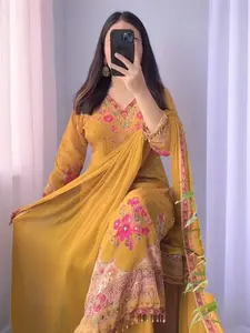 Women's Festive Chinon Kurti Palazzo Set with Aari and Mirror Work