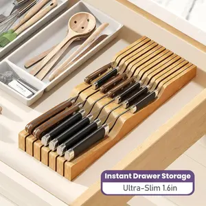 5-Slot Bamboo Knife Drawer Organizer Tray with Extra 6 Small Slots - Universal Secure Downward Blade Storage for Kitchen Knives - Natural Bamboo Wood Countertop Saver & Safe Utensil Drawer Insert