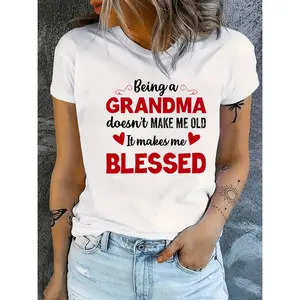 Cotton Blessed Grandma Inspirational Quote Print Womens Plus Size Casual T Shirt Gray With Red Lettering Relaxed Fit Round Neck Machine Washable Golf Gift T-Shirt For Men And Women