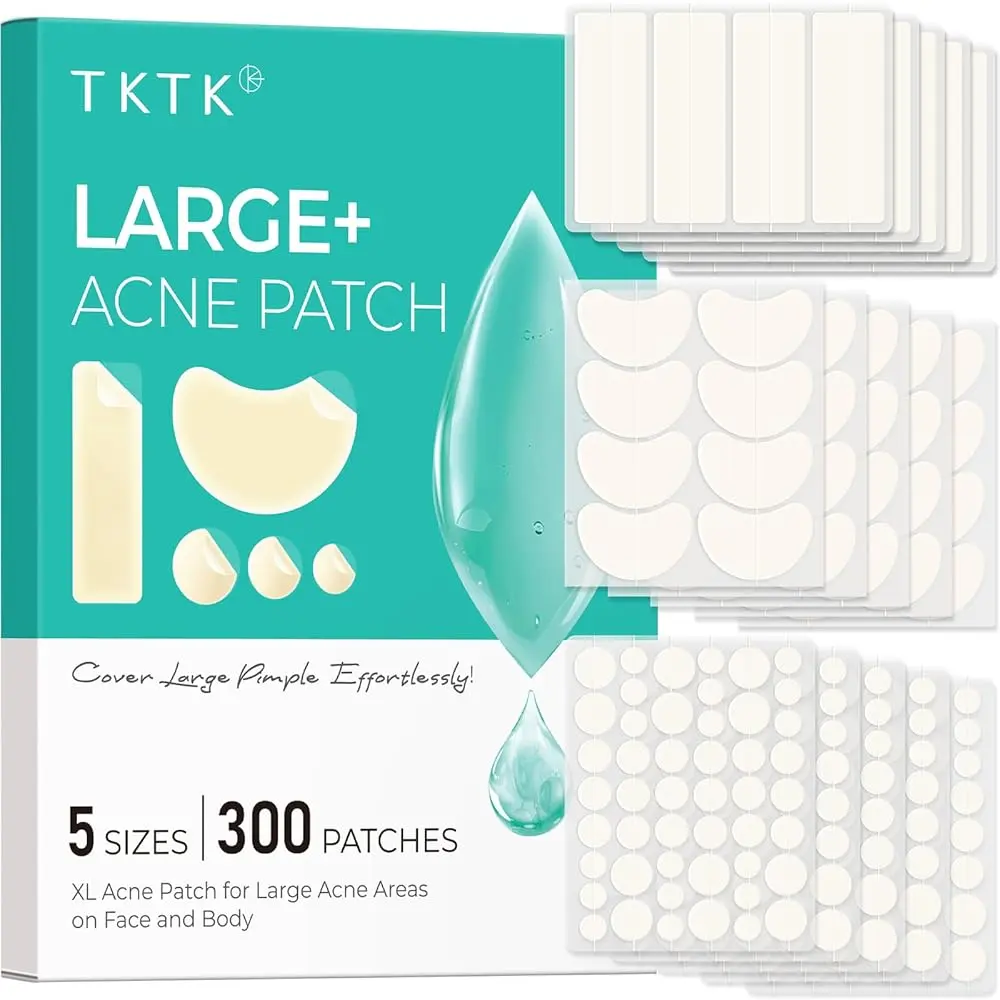 TKTK  Large Pimple Patches for Face(Strip, Contoured, Dot 5 Sizes 300 Count) , Acne Patches 60 x 20 mm, XL Hydrocolloid Bandages for Forehead,Chin,Full Face,Back,Neck and Body Skincare,acne clearing products,pimple patch Summervibes tiktokshopbacktoschool