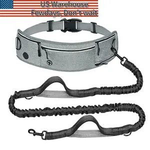 Slim Gray Hands Free Dog Leash & Multi-Function Pockets, for Dogs Adjustable Waist Belt  Walking-Leashes for Medium & Large Breeds-Pouch,Outdoor training Leash, Retractable Bungee,Padded Handles