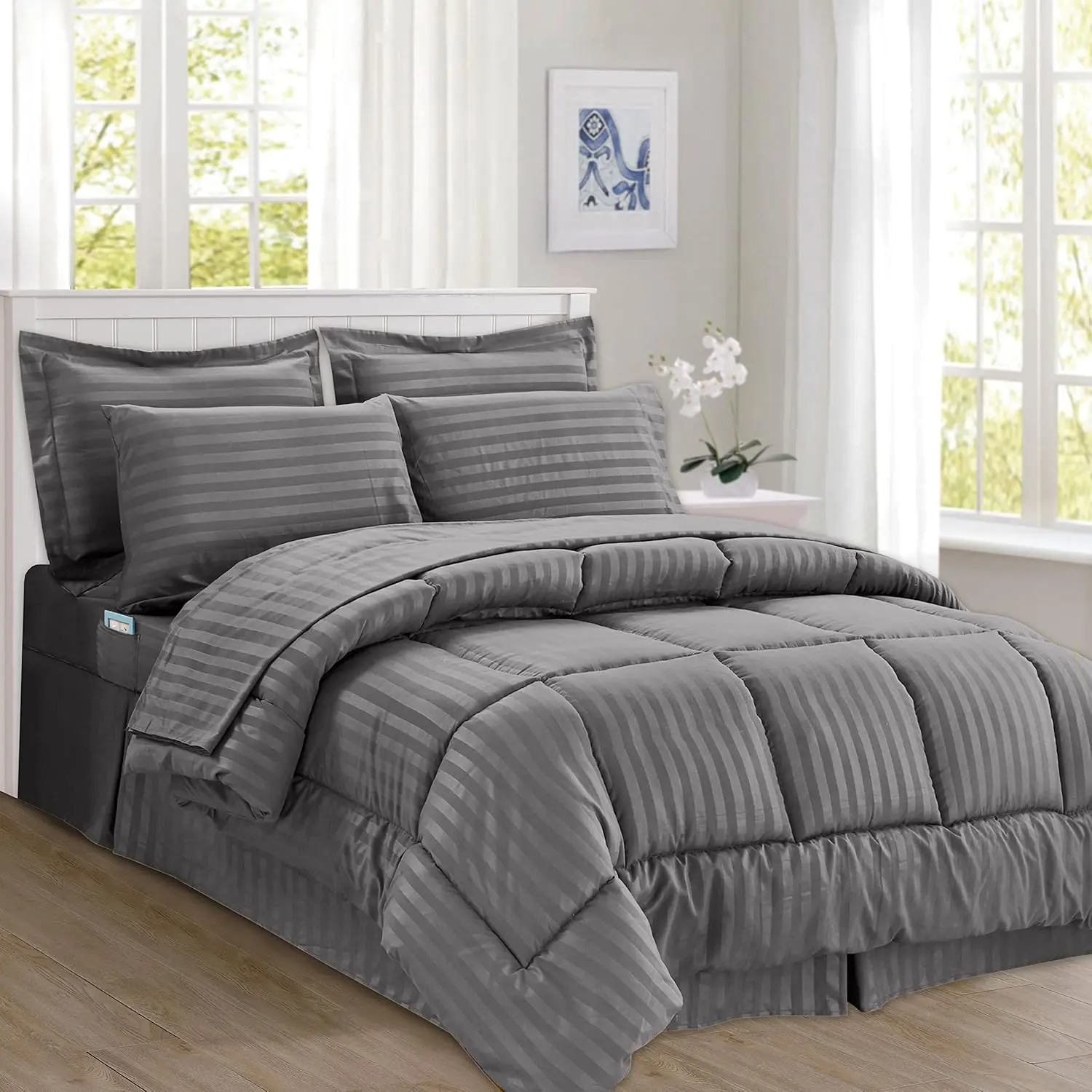 Elegant Comfort 8-Piece Dobby Stripe Comforter Set – Modern Woven Texture with  4-Piece Sheet Set with Double Sided Storage Pockets