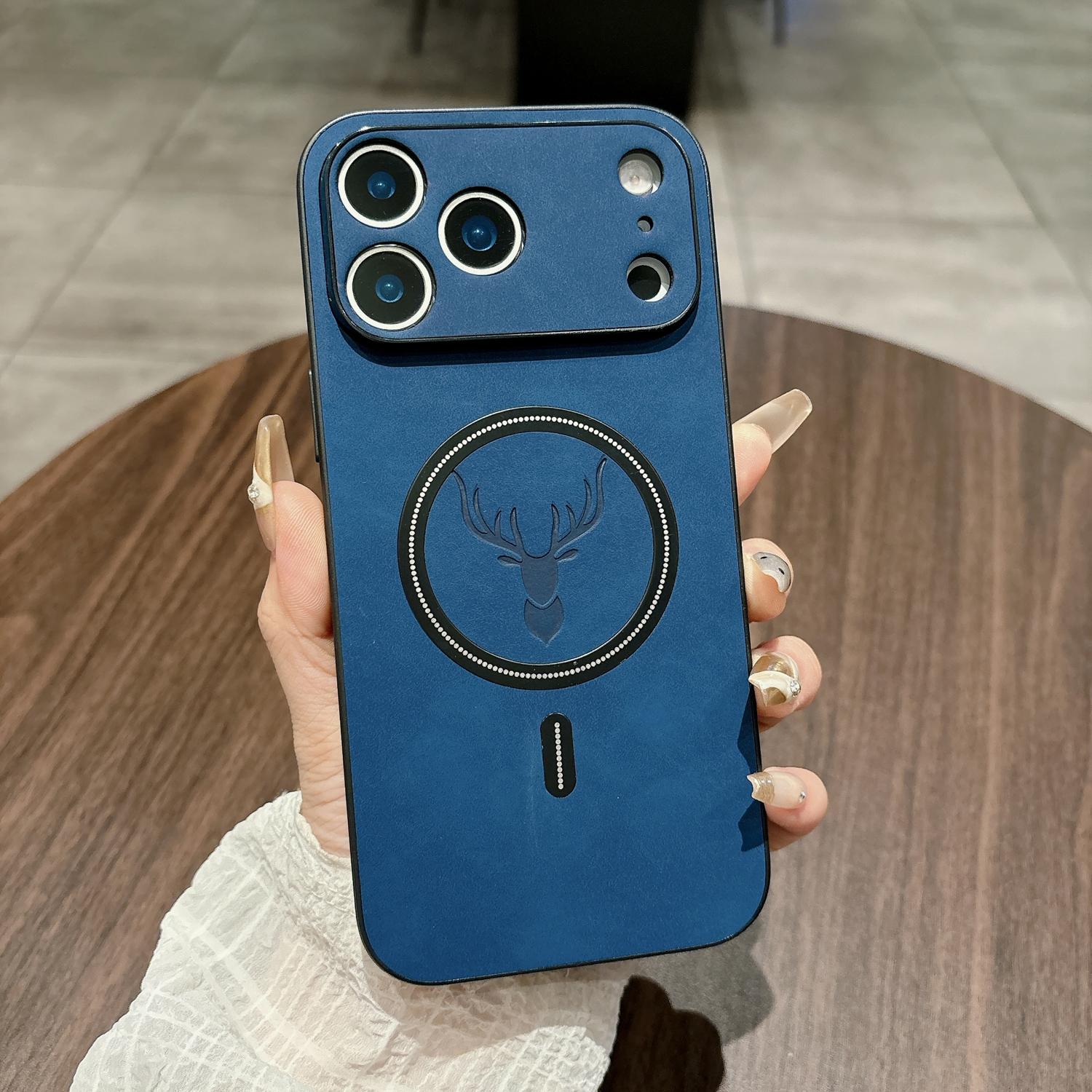 Case for iPhone 17 Pro Max 16 15 14 13 12 11, Compatible with Magsafe, Magnetic PU Leather Deer Pattern, Non-Slip Frame, Camera Protection, Soft TPU Shock Absorption Military Grade Drop Shockproof Cover