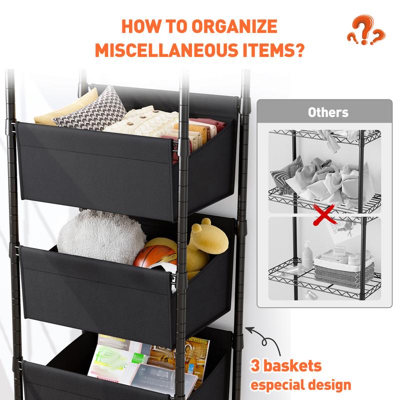 【Closet Storage Organizer】Raybee 6 Tier Corner Shelf with Basket,72'' Tall Storage Shelves Organizer Units, Adjustable Metal industrial Bookshelf for Wall Corner,Living room,Kitchen,Home Office