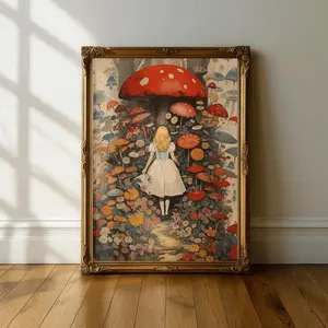 Mushroom Alice Wonderland Print Floral Fairytale Wall Art, Trippy Surreal Wonderland Poster Abstract Shapes Wall Art